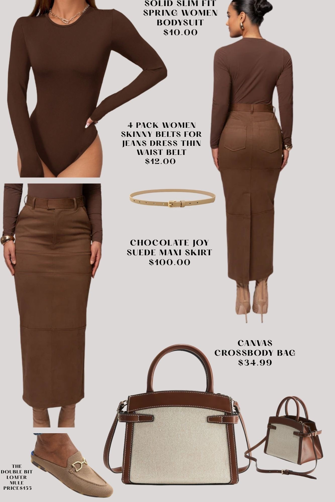 Brown bodysuit with a gorgeous chocolate suede maxi skirt to match! Crossbody bag and loafers- sets this outfit off! 🔥

#LTKBeauty #LTKStyleTip #LTKWorkwear
