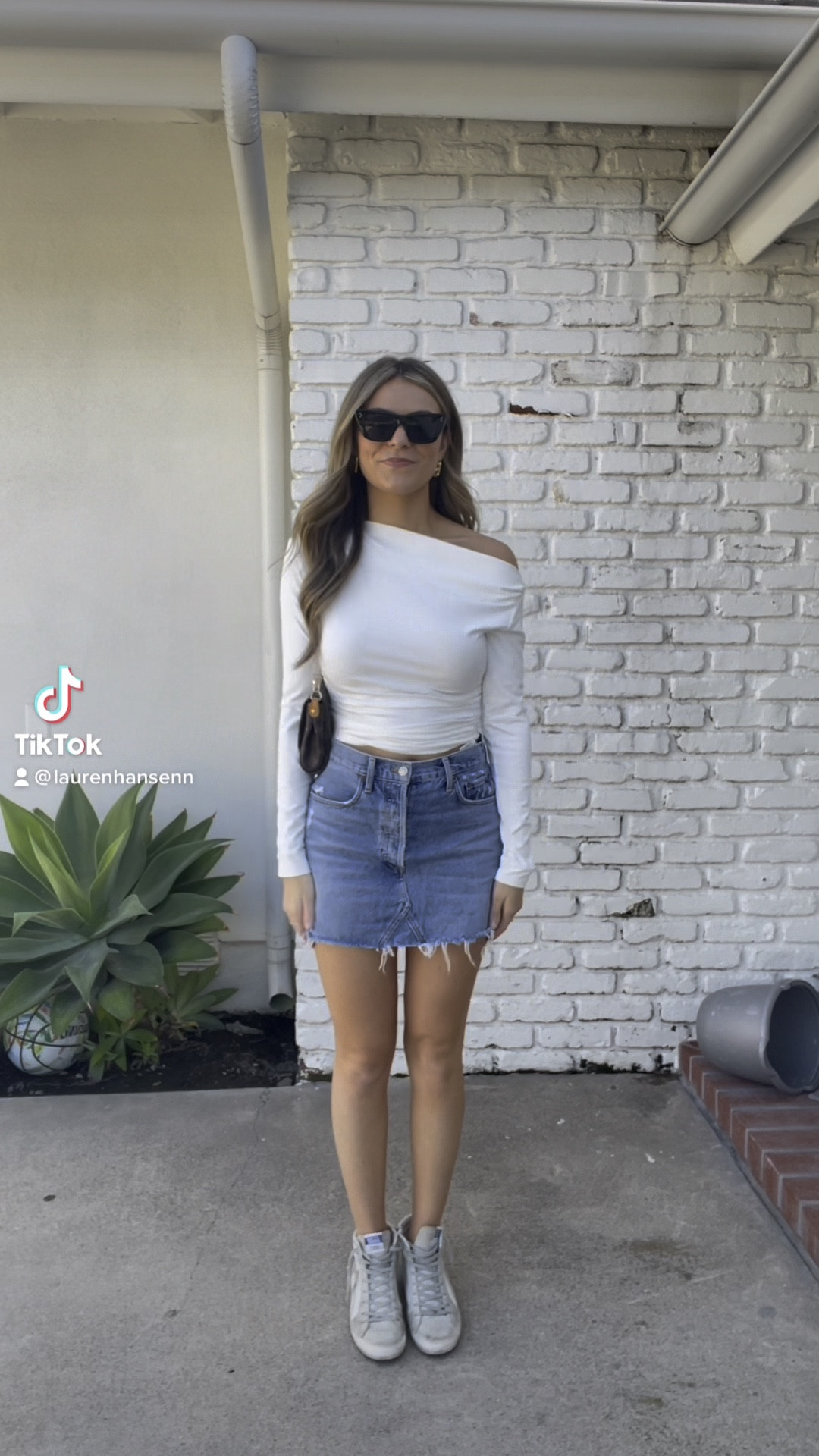 white off the shoulder top! denim skirt, high tops, gold earrings 