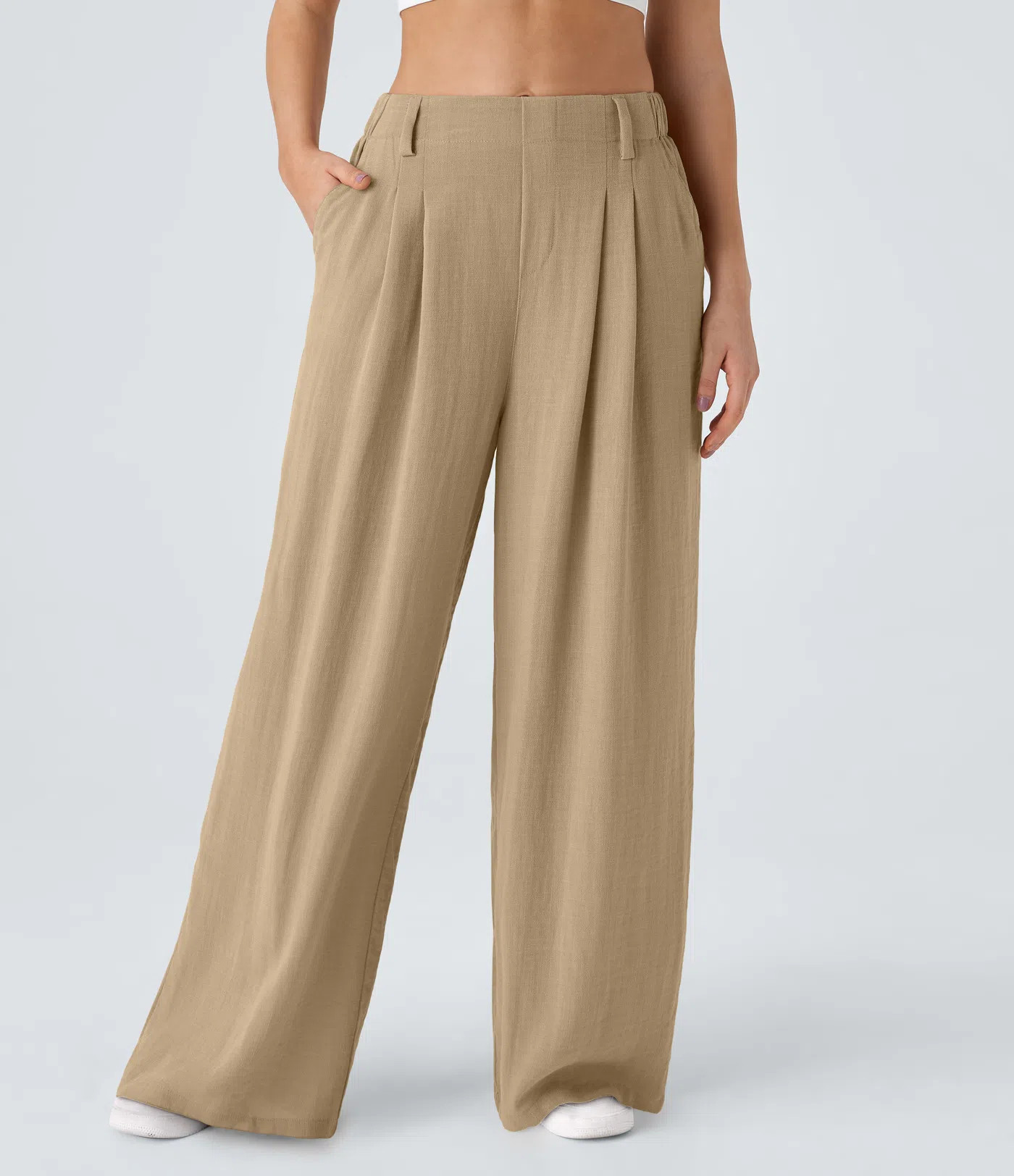Women’s High Waisted Pocket Wide Leg Flowy Solid Palazzo Casual Linen-Feel Trousers - Halara | Halara UK