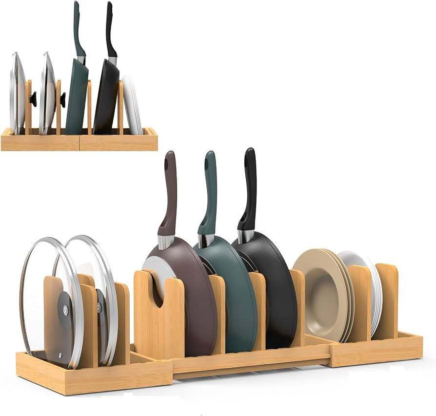 Pots and Pans Organizer Under Cabinet, Expandable Pot Lid Organizer, Bamboo Pan Organizer, Pot an... | Amazon (US)
