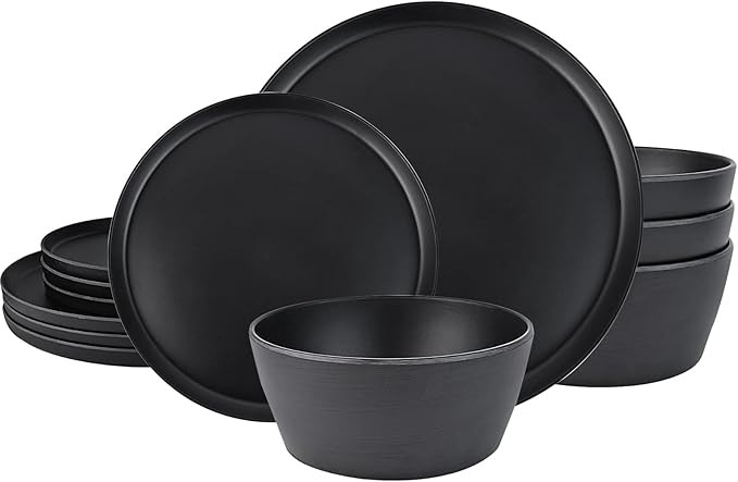 Melamine Dinnerware Set - 12 pcs Melamine Plates Indoor and Outdoor use Matte Black Plates and Bo... | Amazon (US)