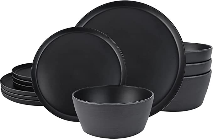 Melamine Dinnerware Set - 12 pcs Melamine Plates Indoor and Outdoor use Matte Black Plates and Bo... | Amazon (US)