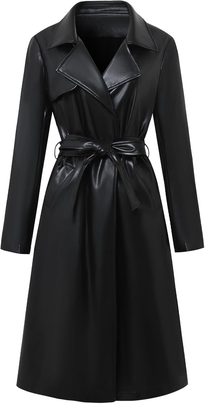 Women’s Black Leather Trench Coat Long Leather Jacket Women Long Sleeve Motorcycle Biker With B... | Amazon (US)