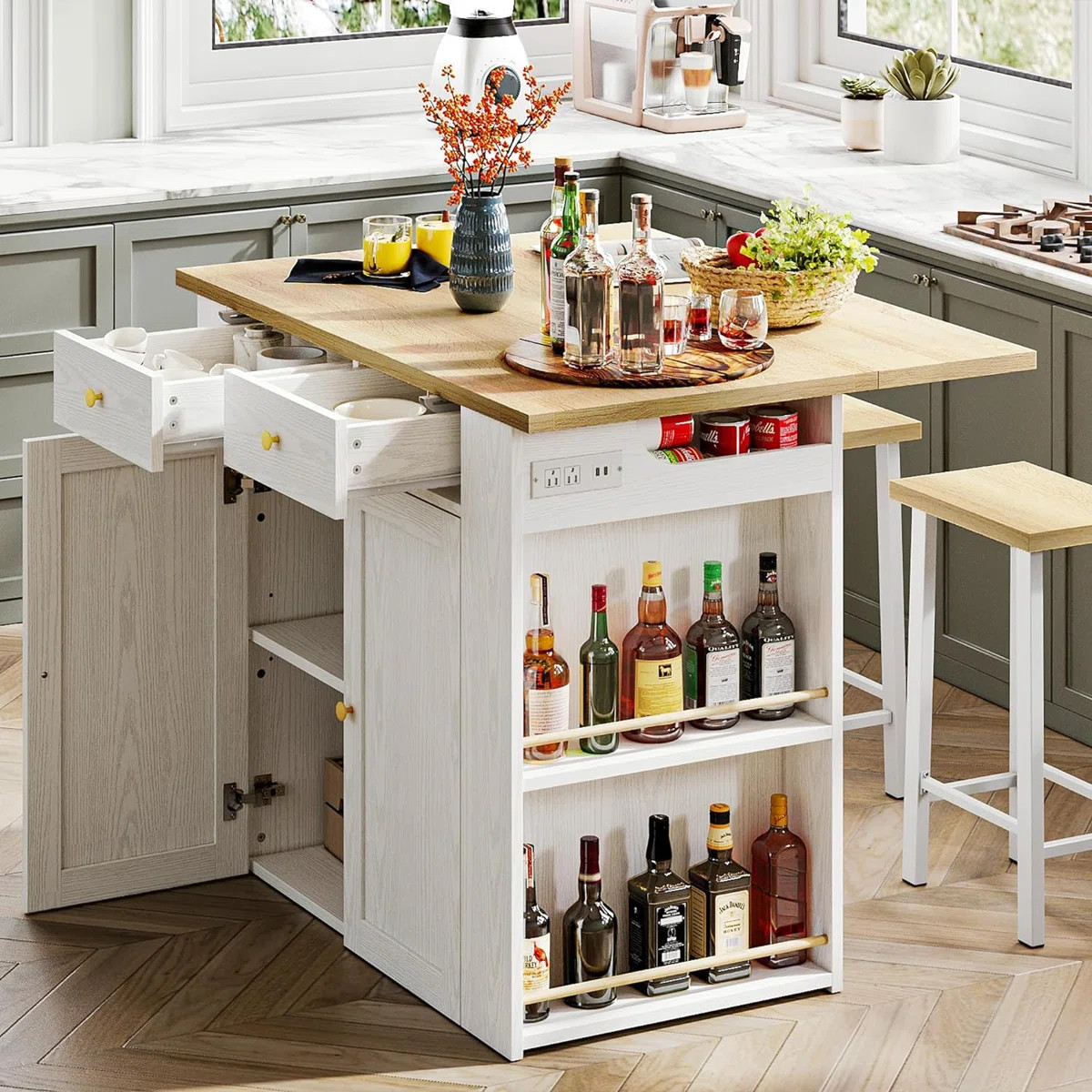 3 Pieces Kitchen Island Set with Storage Cabinet, Drawers, and 2 Stools | Wayfair North America