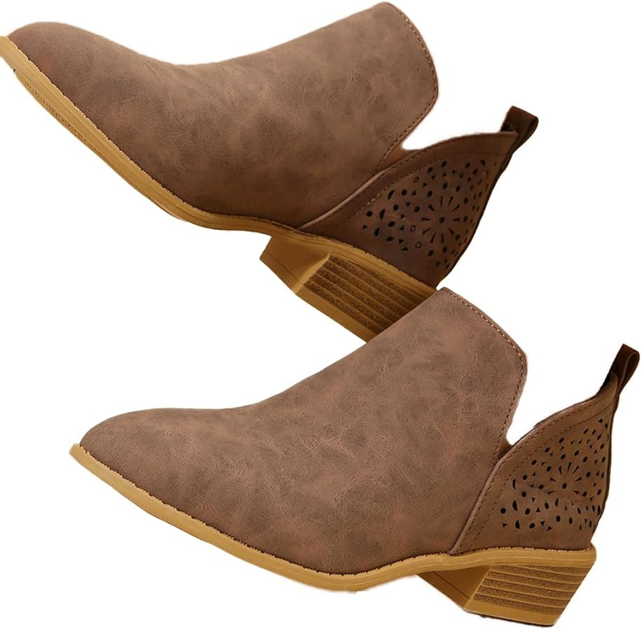 Ankle Boots for women Casual Cut Out Slip On Low Heel Short Chunky Stacked Heel Perforated Side V... | Amazon (US)