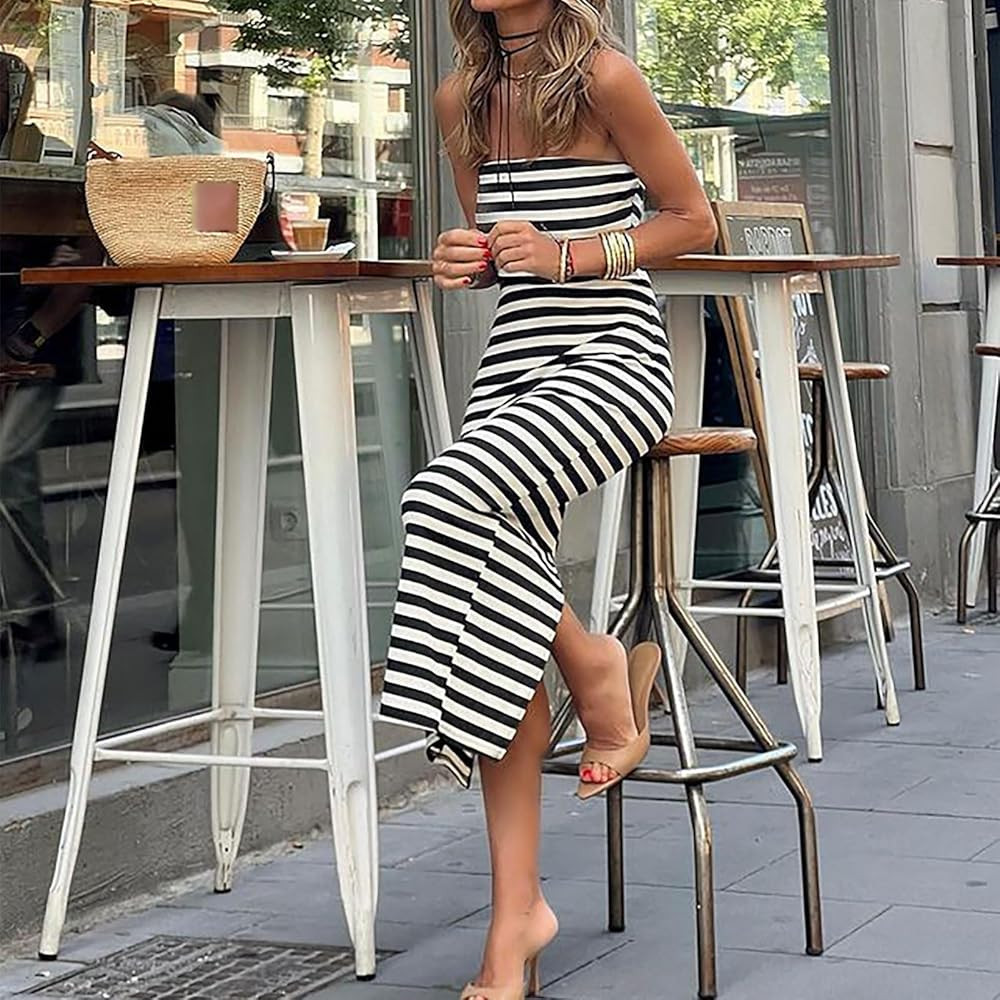 Womens Maxi Dress Summer Bodycon Tube Dress Black White Striped Off Shoulder Slit Long Outing Cas... | Amazon (US)