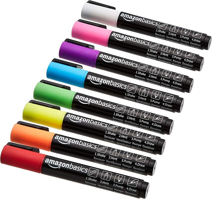 Amazon Basics Bullet/Chisel Reversible Tip Liquid Chalk Markers, Erasable, Washable, Water-Based,... | Amazon (US)