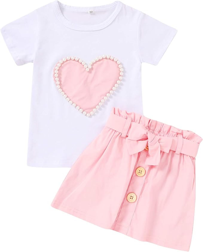 Toddler Baby Girls Valentine's Day Outfit Pearl Heart Print Short Sleeve Tops+Bow A-line Button B... | Amazon (US)