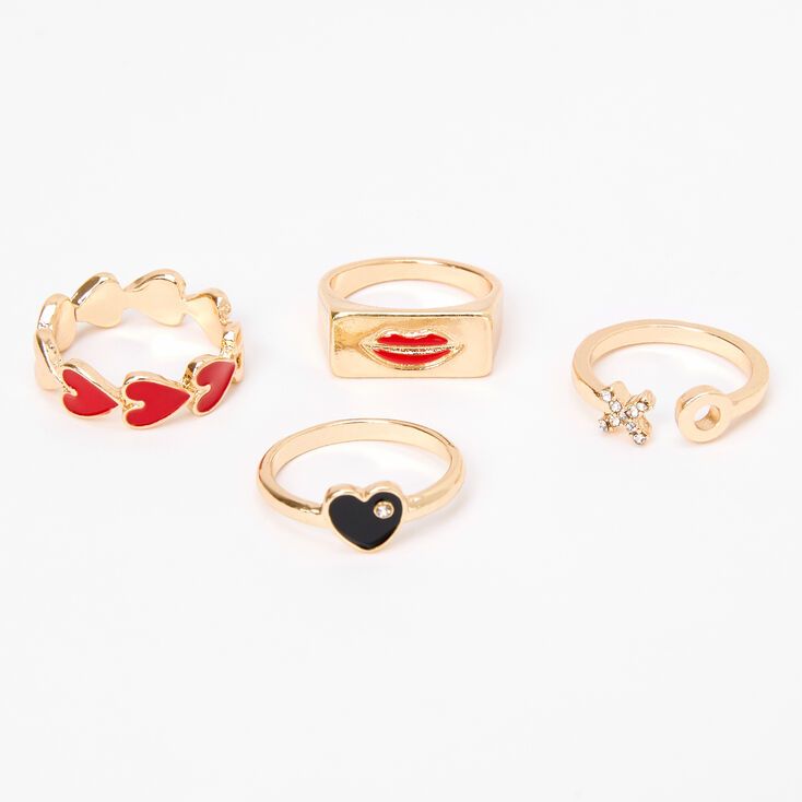 Gold Heart & Lips Mixed Rings - 4 Pack | Claire's (US)