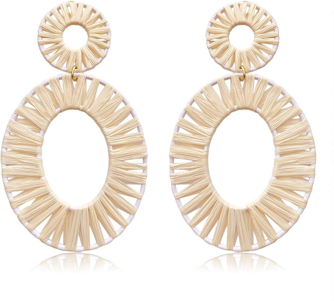 Rattan Raffia Drop Hoop Earrings for Women Geometric Woven Rice Beads Earrings S925 Silver Needle... | Amazon (US)