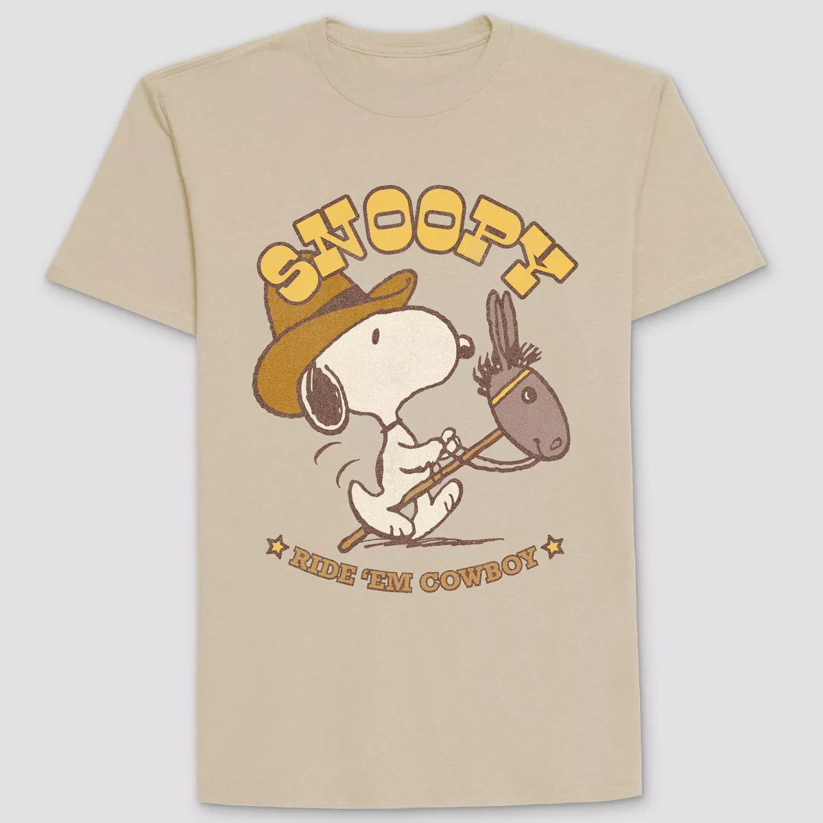 Men's Peanuts Snoopy Cowboy Round Neck T-Shirt - Tan | Target