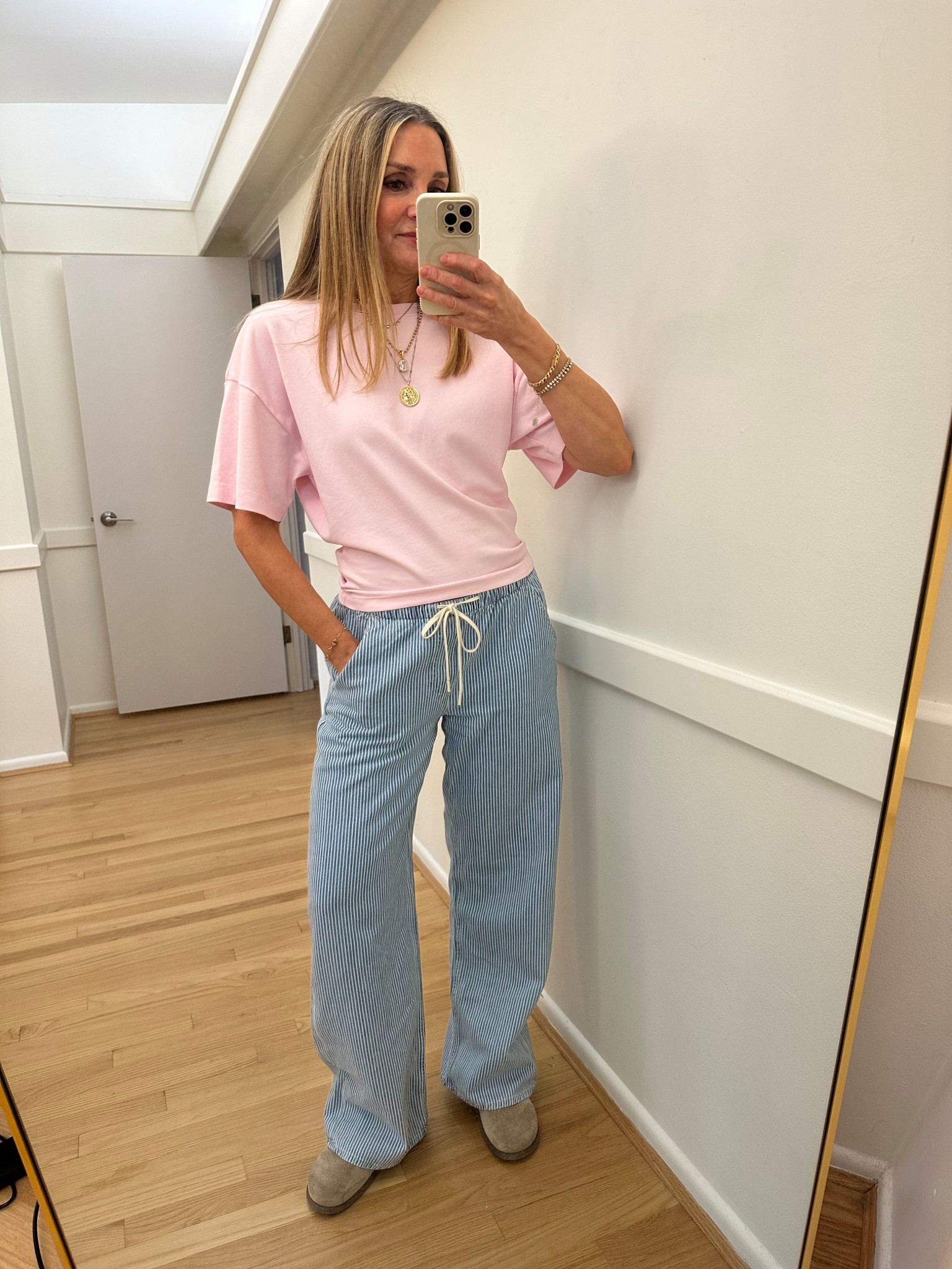 My new tee obsession!

Aritzia pink tee with Gap striped drawstring jeans and mule clogs. 
Spring outfit perfect for travel and weekends!

#LTKootd #LTKOver40 #LTKActive