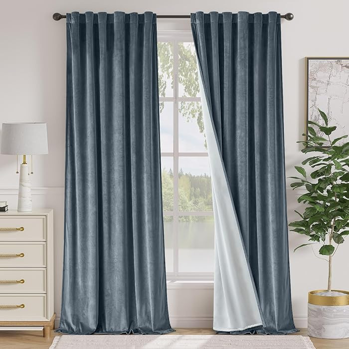 Lazzzy Blackout Velvet Blue Curtains 96 Inches Long Thermal Insulated Room Darkening Lined Curtai... | Amazon (US)