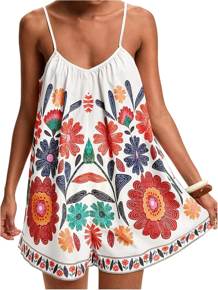 Milumia Women's Tropical V Neck Spaghetti Strap Romper Summer Vacation Loose Shorts Jumpsuits | Amazon (US)