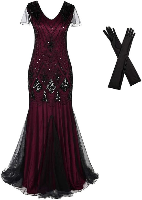 Women Evening Dress 1920s Flapper Cocktail Mermaid Plus Size Formal Gown with Long Gloves | Amazon (US)