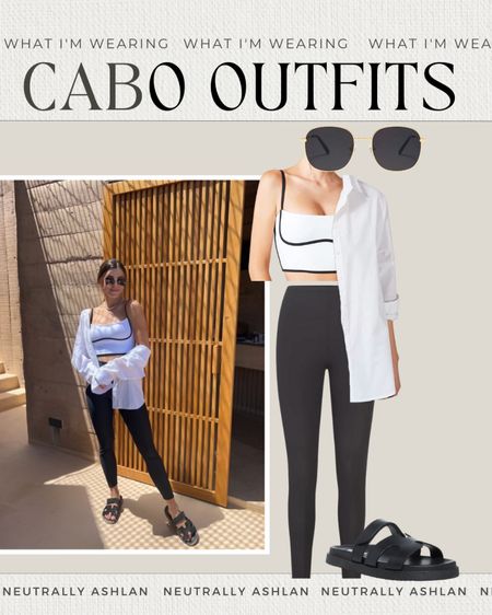 Cabo Fit check 🤍🖤 
Sports bra in S
Button down in L
Leggings in S
Sandals are tts

#LTKFind #LTKtravel #LTKfit