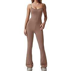 QINSEN Flare Jumpsuits for Women Spaghetti Straps Scoop Neck Bodycon Full Length Casual Unitard P... | Amazon (US)