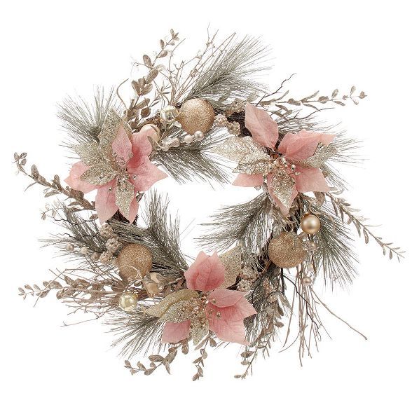 Kurt Adler 20" Champagne and Gold Wreath with Pink Poinsettias and Ornaments | Target
