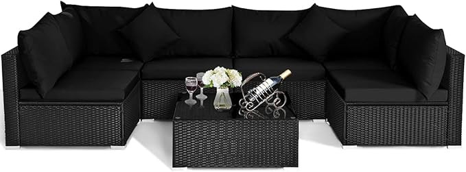 Tangkula 7 Piece Patio Furniture Set, Outdoor Sectional Sofa w/Pillows and Cushions, Wicker Sofa ... | Amazon (US)