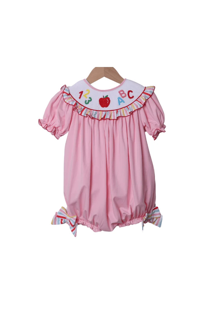 Smocked ABC/123 Pink/Multi Color Stripe Bubble | The Smocked Flamingo
