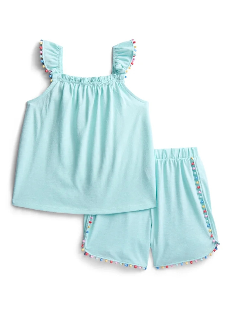 Wonder Nation Girls Pom Pom Top and Shorts Outfit Set, 2-Piece, Sizes 4-10 | Walmart (US)