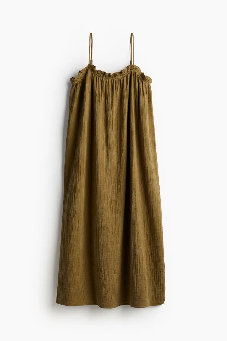 Ruffle-trimmed Cotton Dress - Sleeveless - Long - Khaki green - Ladies | H&M US | H&M (US + CA)