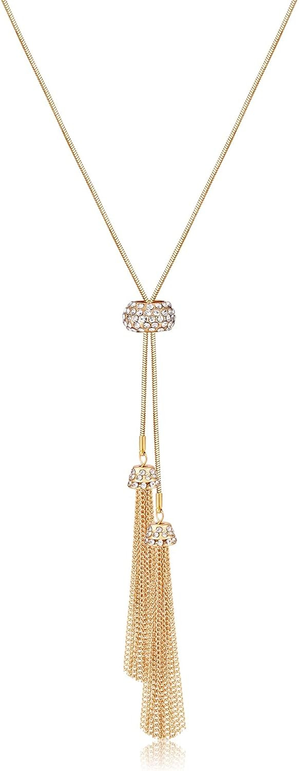 Tassel Pendant Lariat Y Necklace Long Snake Chain Necklaces with Adjustable Crystal Slider Ball | Amazon (US)