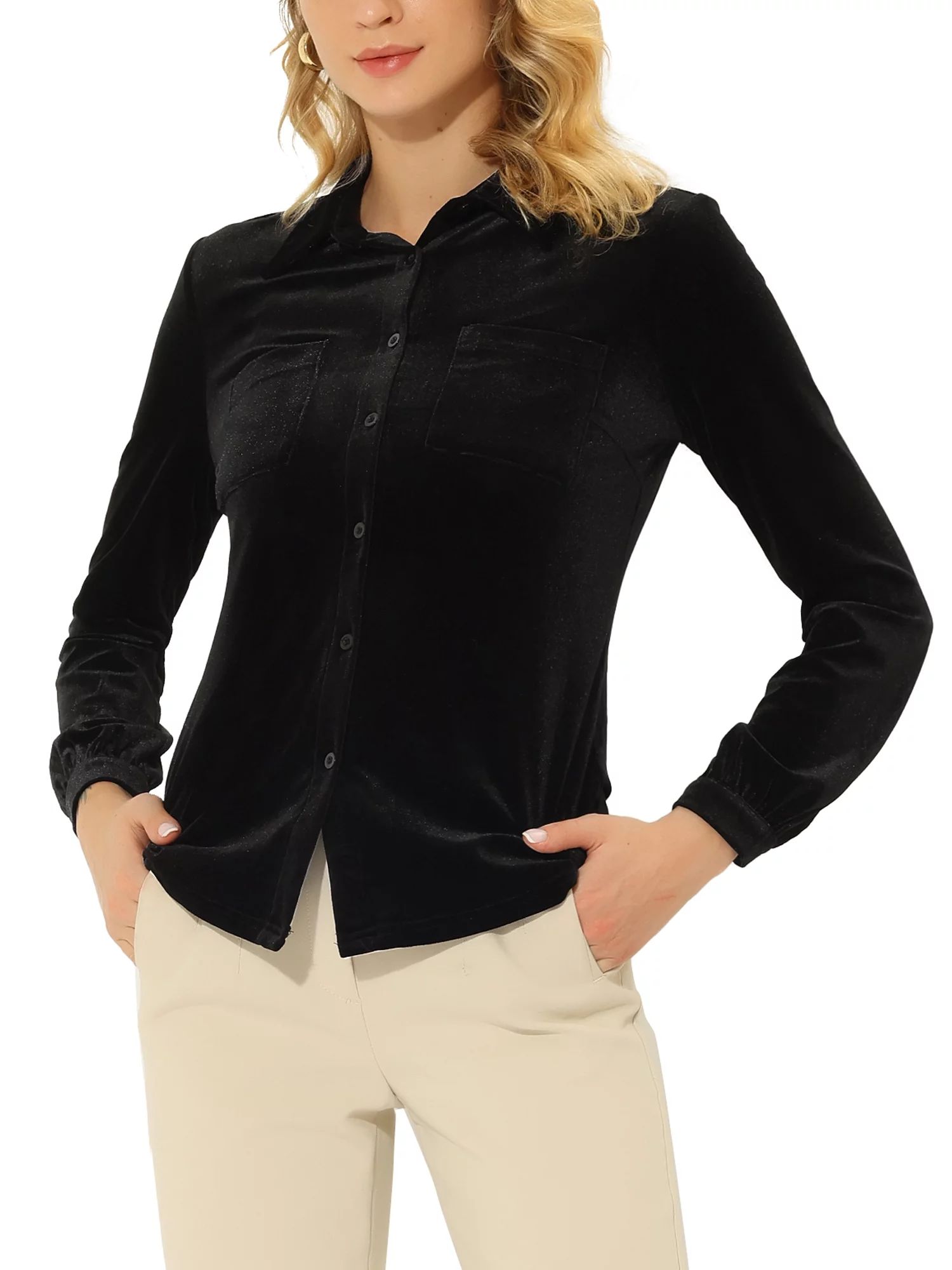 Allegra K Women's Point Collar Pocket Velvet Blouse - Walmart.com | Walmart (US)