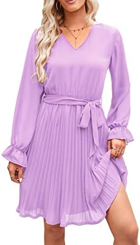 PRETTYGARDEN Women's Casual Spring Dresses Long Puff Sleeve V Neck Pleated Ruffle Flowy Belted Dr... | Amazon (US)