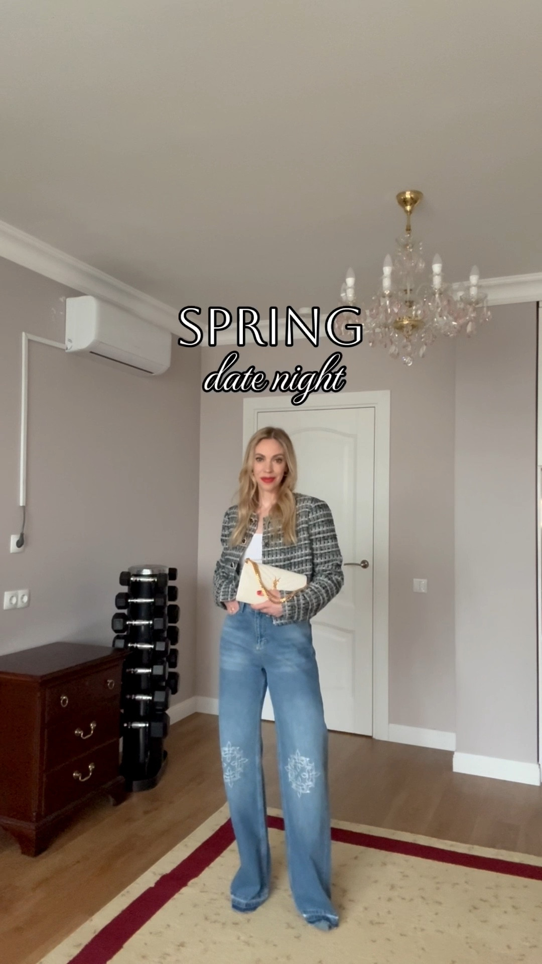 Date night outfit, GRWM, tweed jacket, wide leg embroidered jeans, spring trends, blue suede pumps, YSL clutch 

#LTKSeasonal #LTKOver40 #LTKgrwm