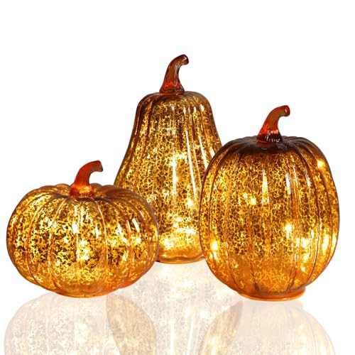 Fall Lighted Glass Pumpkins Set of 3 – Battery Operated Mercury Glass Pumpkin Decor with LED Lights, Autumn Thanksgiving Halloween Table Centerpiece Decorations for Home, Fireplace, Mantel, 8"/7"/6" | Amazon (US)