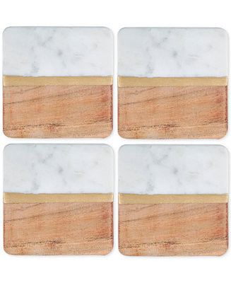 4-Pc. White Marble and Acacia Wood Coaster Set | Macys (US)