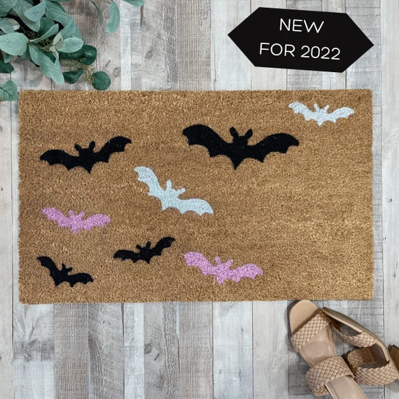 Halloween Doormat, Bat Welcome Mat, Pink Halloween Decor Outdoor, Fall Porch Decor, Bat Decoratio... | Etsy (US)