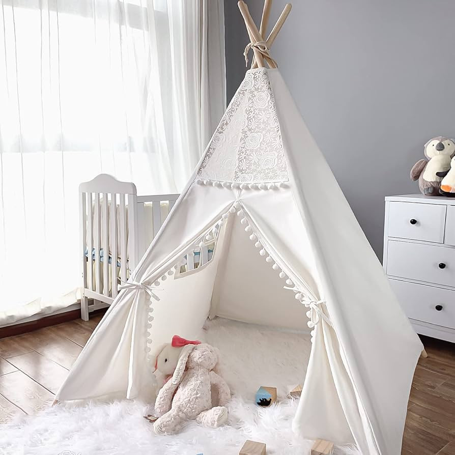 Kids Play Teepee Tent Indoor, Lace Teepee Boho Tent Baby Teepee Tent for Kids Foldable Tipi Tents... | Amazon (US)