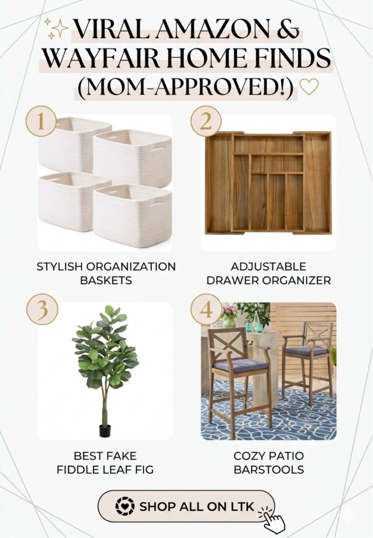 Sharing the top-selling home finds that actually make mom life easier and more stylish! ✨
I’ve rounded up my absolute favorite "tried and true" pieces that are currently trending in my home. From the best kitchen drawer organizer that expands to fit any space, to the woven storage baskets I use for toy rotation and laundry, these finds are the perfect blend of functional and chic.
If you’ve been looking for high-quality home decor on a budget, that faux fiddle leaf fig is a total game changer (no green thumb required!), and the Wayfair barstools are durable enough for the kids but look high-end for hosting.
Shop everything in this post by clicking the products below! 🛍️

#LTKhome #LTKorganized #LTKsalealert #amazonhome #wayfairfinds #homeorganization #momhacks #interiordesign #storageideas #kitchenhacks #affordabledecor

#LTKHome #LTKSaleAlert