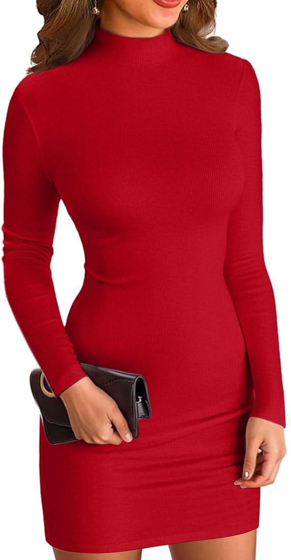 VICHYIE Women Mock Neck Ribbed Bodycon Dress Long Sleeve Mini Pencil Dresses | Amazon (US)
