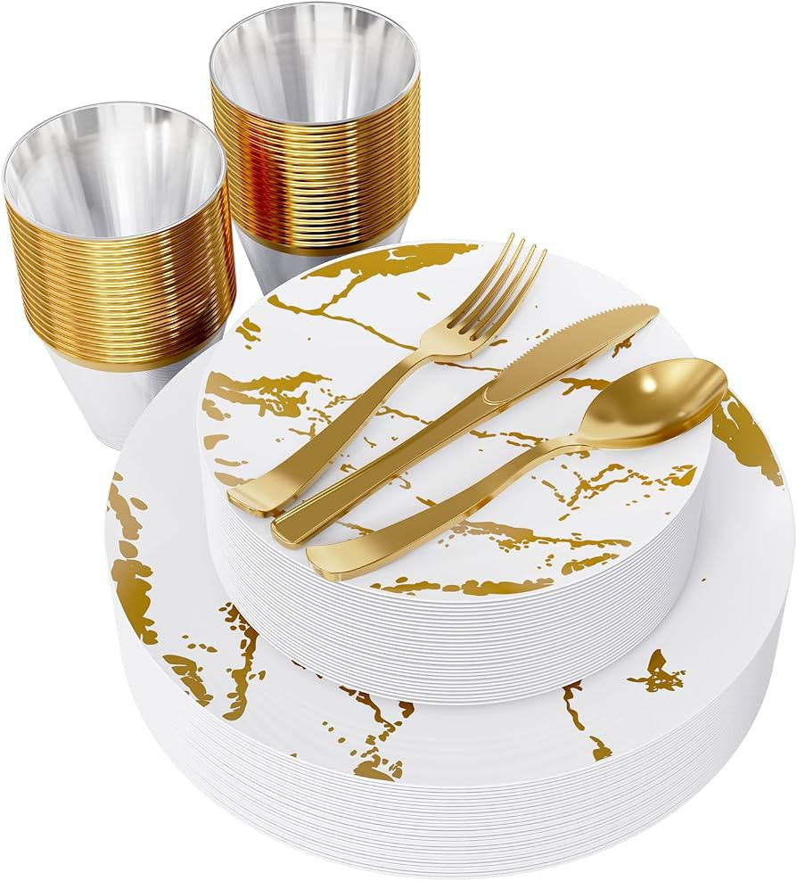 JOLLY PARTY 180PCS Disposable Dinnerware Set 30 Guest, 60 White and Gold Plastic Plates, 30 Plast... | Amazon (US)