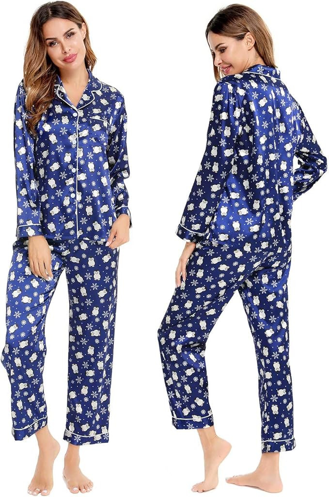 SWOMOG Womens Silk Satin Pajamas Set Long Sleeve Button Down Sleepwear 2 Piece Lounge Set Pj Set ... | Amazon (US)