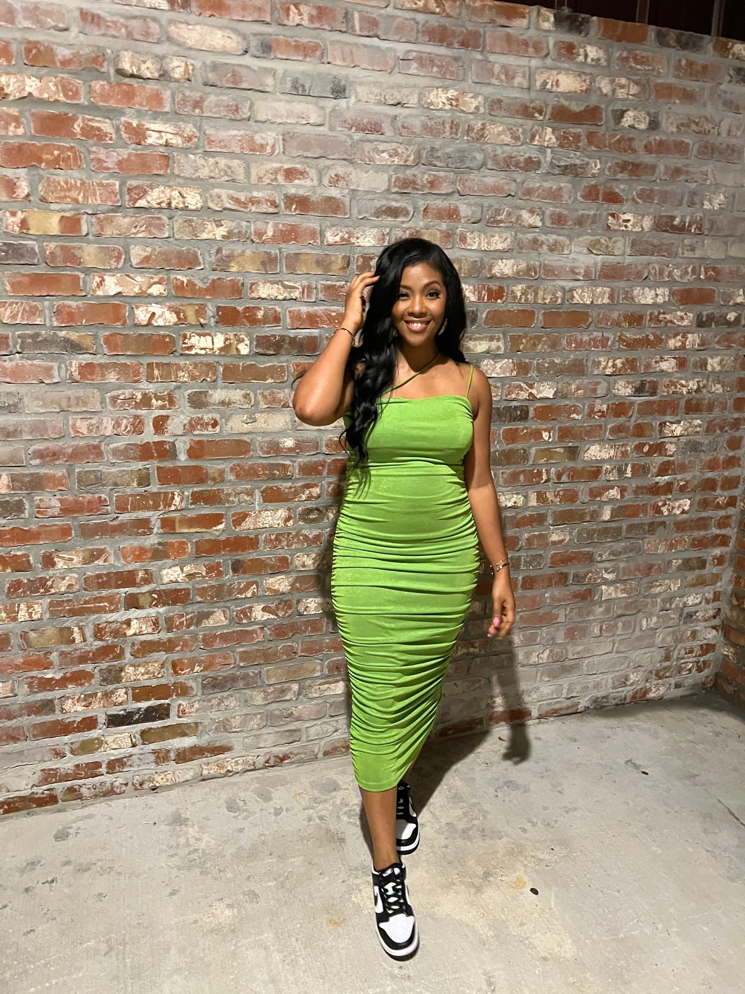 Sneaker ball! Midi ruched green dress. Special occasion dress. Outfit inspo for wedding guest, party dress, spring vacation dress, outfit guide. Strapped dress, ruching dress, panda dunks, sneaker inspo. Mid sized fashion. Shein style, dresses under $30! 

#LTKwedding #LTKtravel #LTKunder50