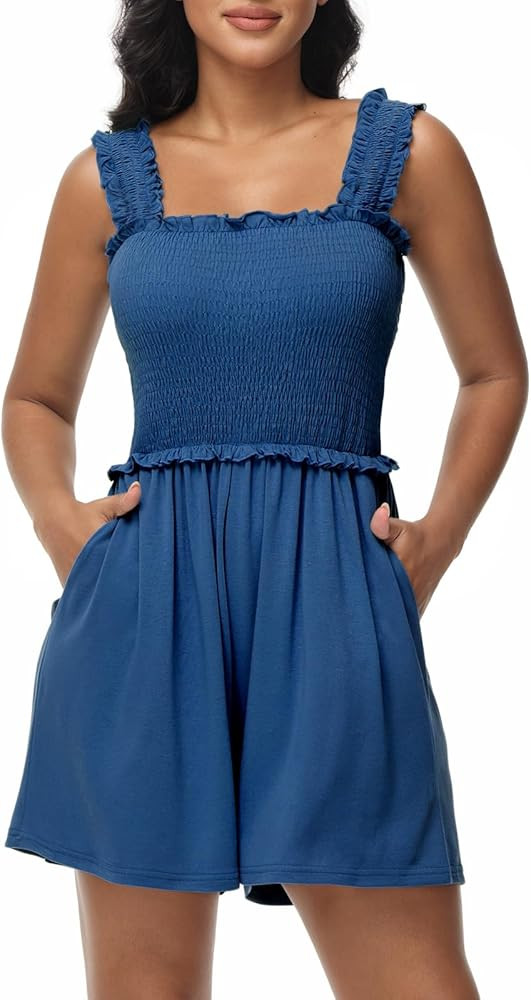 Tanou Women's Summer Casual Smocked Rompers Square Neck Sleeveless Loose Short Jumpsuit Flowy Bea... | Amazon (US)