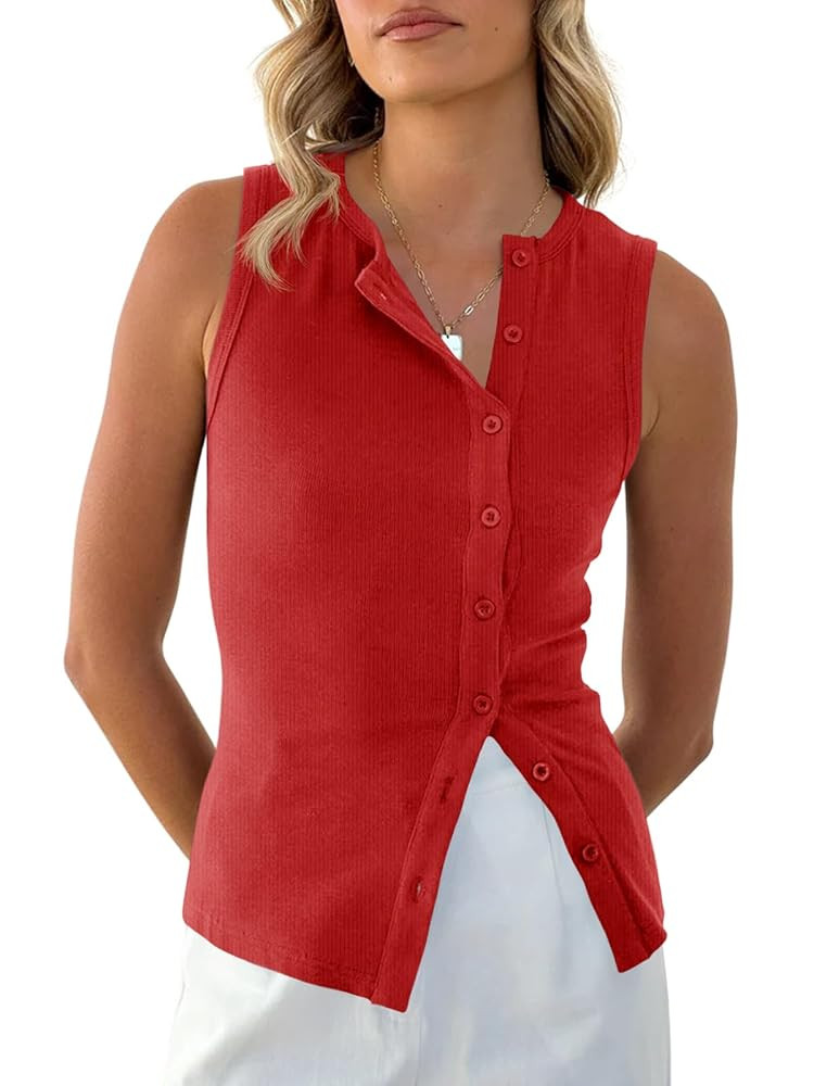 Cicy Bell Womens Button Down Tank Tops Summer Sleeveless Vest Tops Trendy Ribbed Fitted Going Out... | Amazon (US)