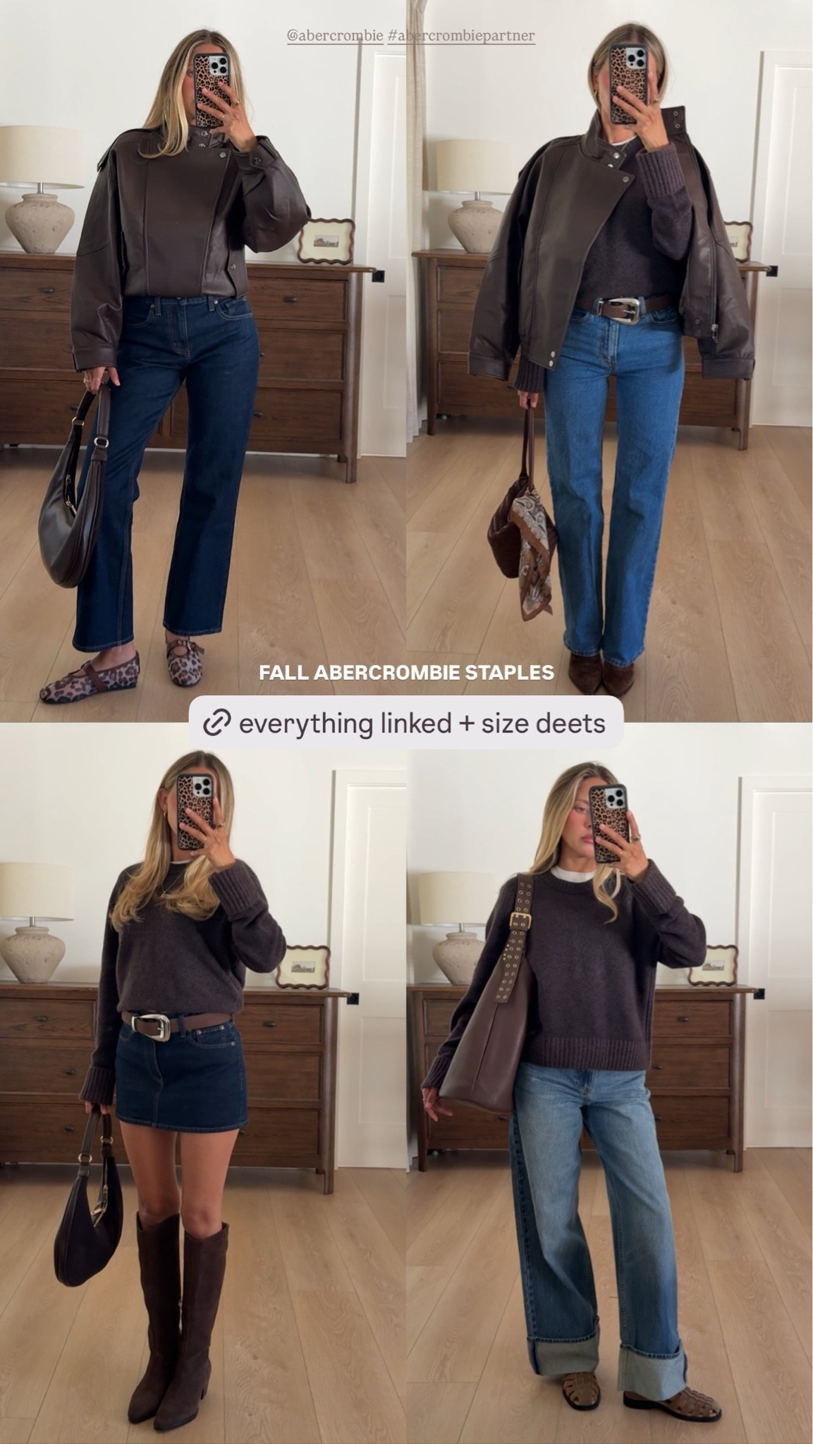 #abercrombiepartner @abercrombie 
🤎 Abercrombie Fall Staples 🤎

Pieces worth adding to your fall wardrobe that you’ll wear year-round!

Denim mini — has built-in little shorties, which I love! (TTS / Rinse)

Brown crew — the perfect fit + length for a sweater! I sized up to a S.

Cuffed jeans — love the cuff detail! (TTS)

Leather jacket — SO luxe! I did an XS and it’s perfectly oversized.

90s High Rise — my MOST worn denim. (TTS / Medium)

90s Straight — perfect with ballet flats or any flatter shoe. (TTS / Rinse)
