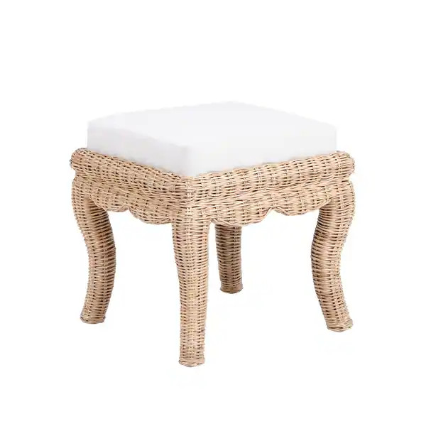 Praerie 19.7" Bohemian Designer Woven Rattan/Wood Vanity Stool, White Cushion with Natural Frame,... | Bed Bath & Beyond