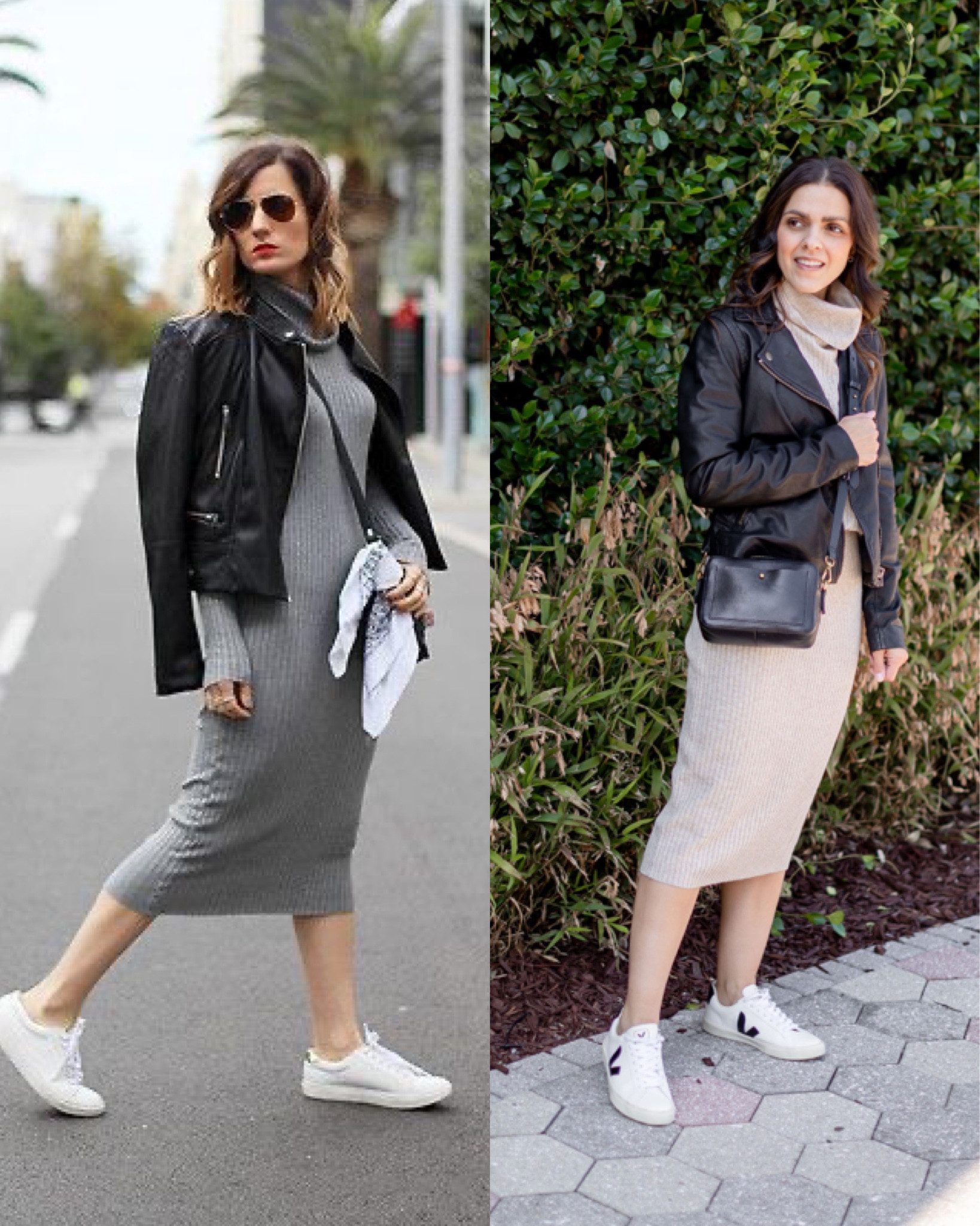Recreated Pinterest outfit: turtleneck sweater, knit midi skirt, sneakers, leather jacket, crossbody bag 

#LTKstyletip