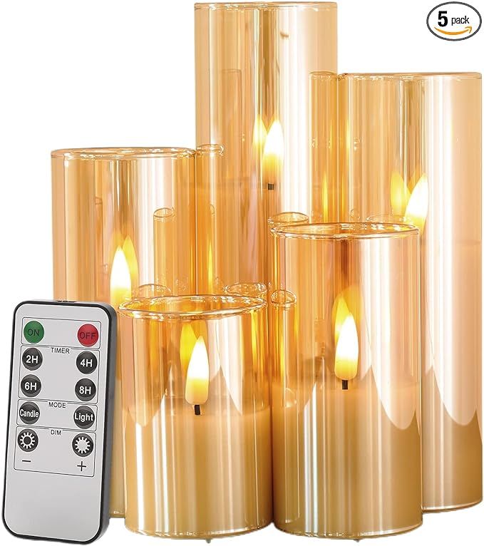 Eywamage Gold Glass Flameless Candles with Remote, Flickering Slim Tall LED Wax Candles, Battery ... | Amazon (US)