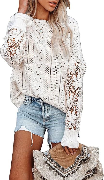 Dokotoo Womens Crewneck Crochet Lace Long Sleeve Hollow Out Cable Knit Pullover Sweaters Tops | Amazon (US)