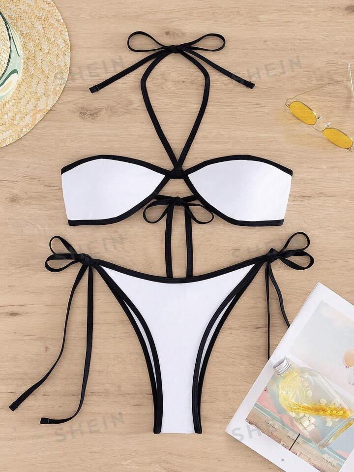 Women's Two-piece Color Blocking Swimsuit With Sexy Strap Design For Photography Or Vacation | SHEIN