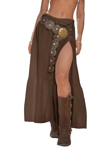 SHENHE Women's Summer Low Rise Maxi Skirt High Slit Ruffle Hem Flowy Boho Long Skirt Chocolate Brown X-Small | Amazon (US)