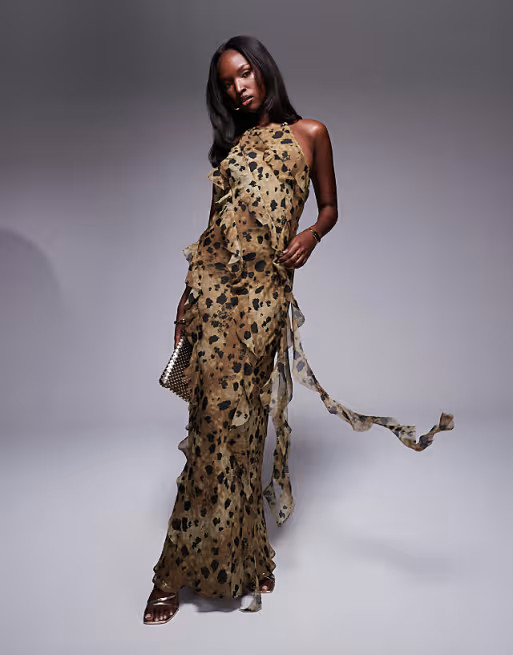 ASOS DESIGN asymmetric frill detail maxi dress in leopard print | ASOS (Global)