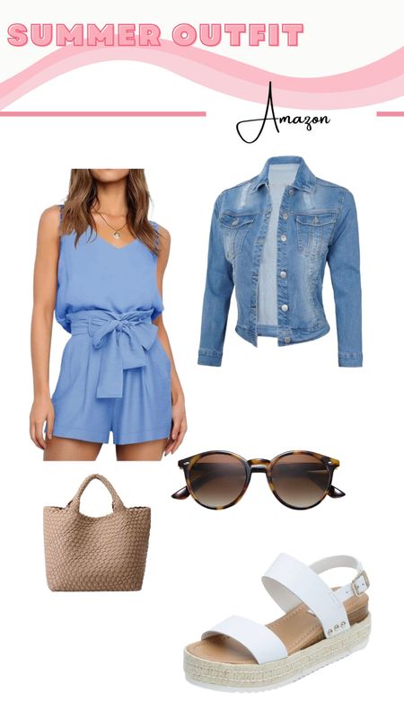 Amazon summer outfit! Two piece tank and shorts set, Jean jacket, tortoise shell sunglasses, woven beach bag, neutral wedges

#LTKSeasonal #LTKfindsunder50 #LTKfindsunder100
